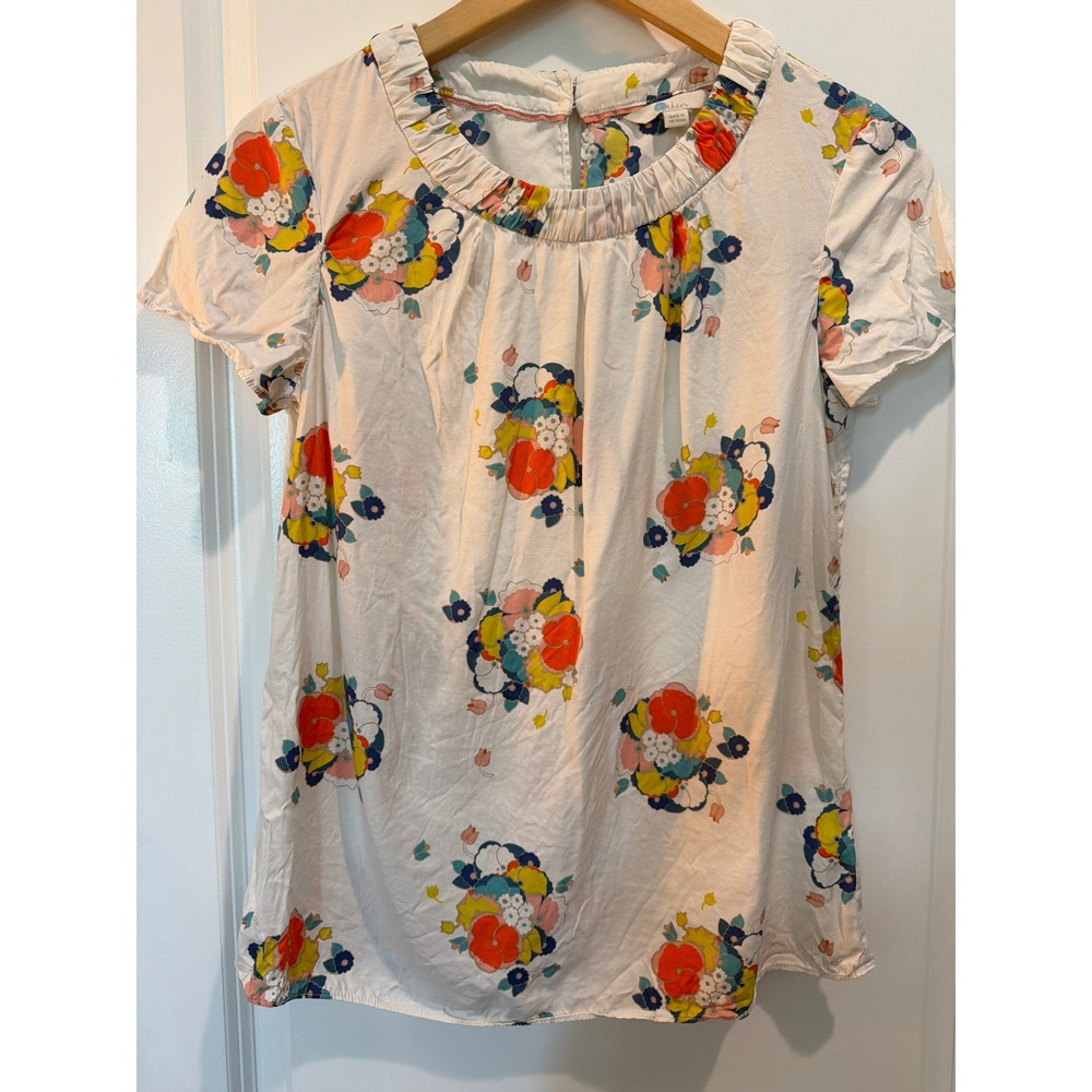 Boden Silk Blend Floral Blouse White Short Sleeve Ruffle Neck Keyhole Back Top